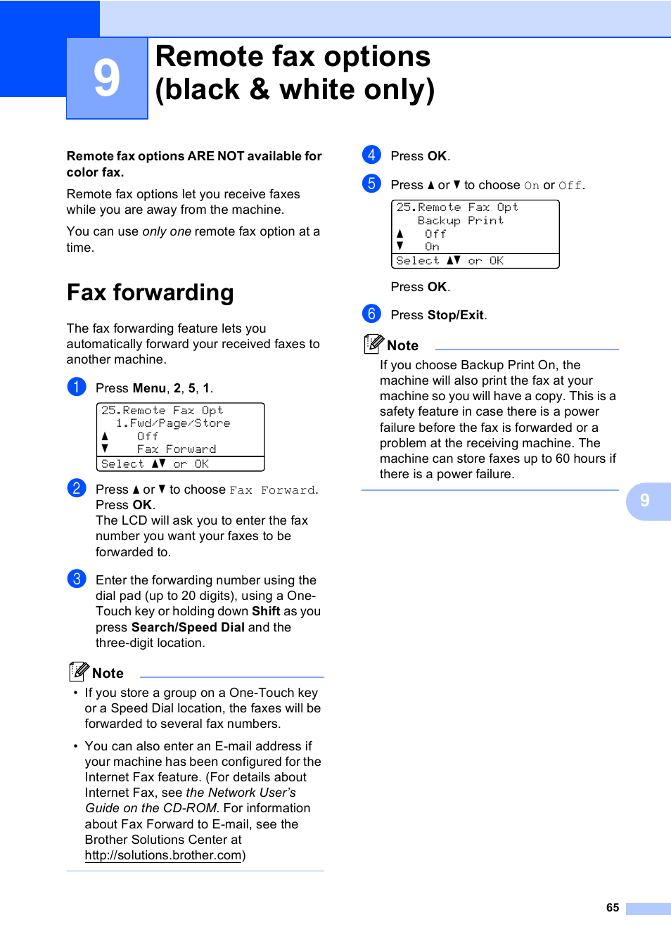 9 remote fax options (black & white only), Fax forwarding, Remote fax options (black & white only) | Brother MFC 9840CDW User Manual | Page 81 / 265
