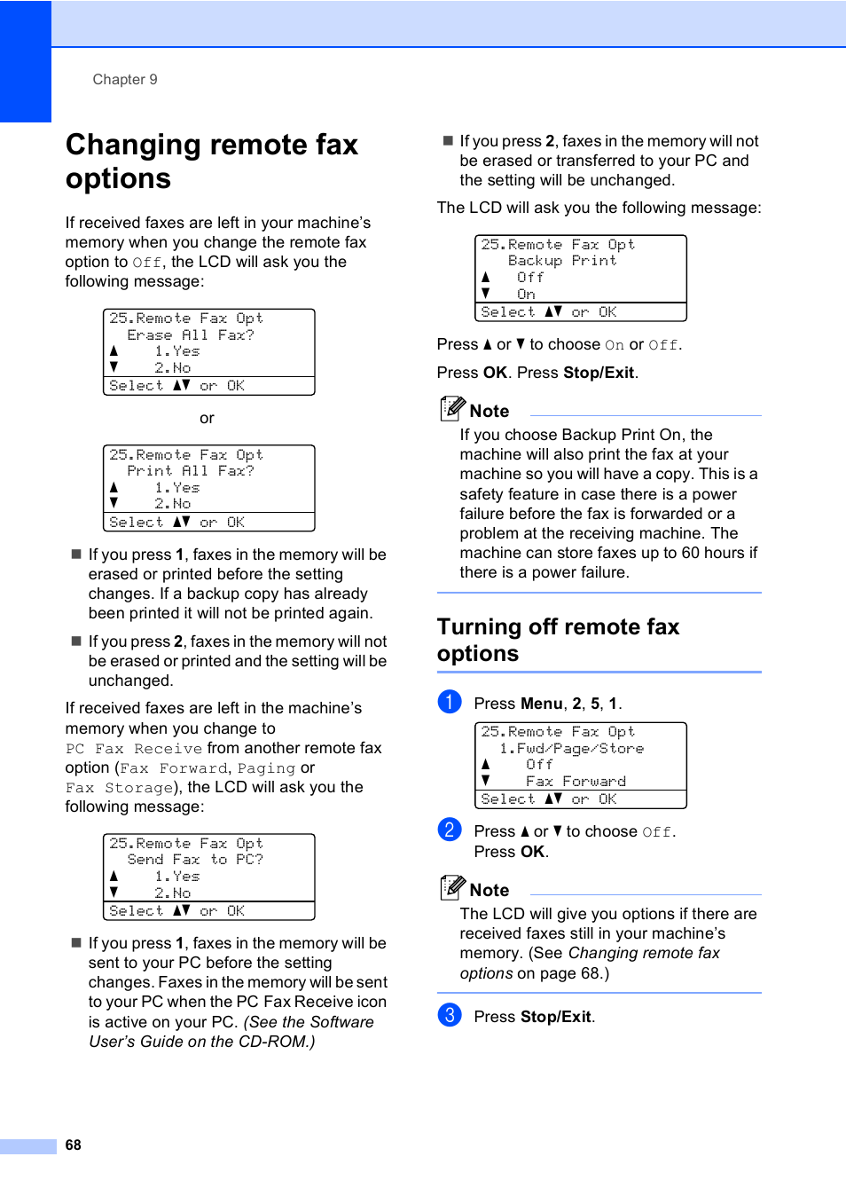 Changing remote fax options, Turning off remote fax options | Brother MFC 9840CDW User Manual | Page 84 / 265