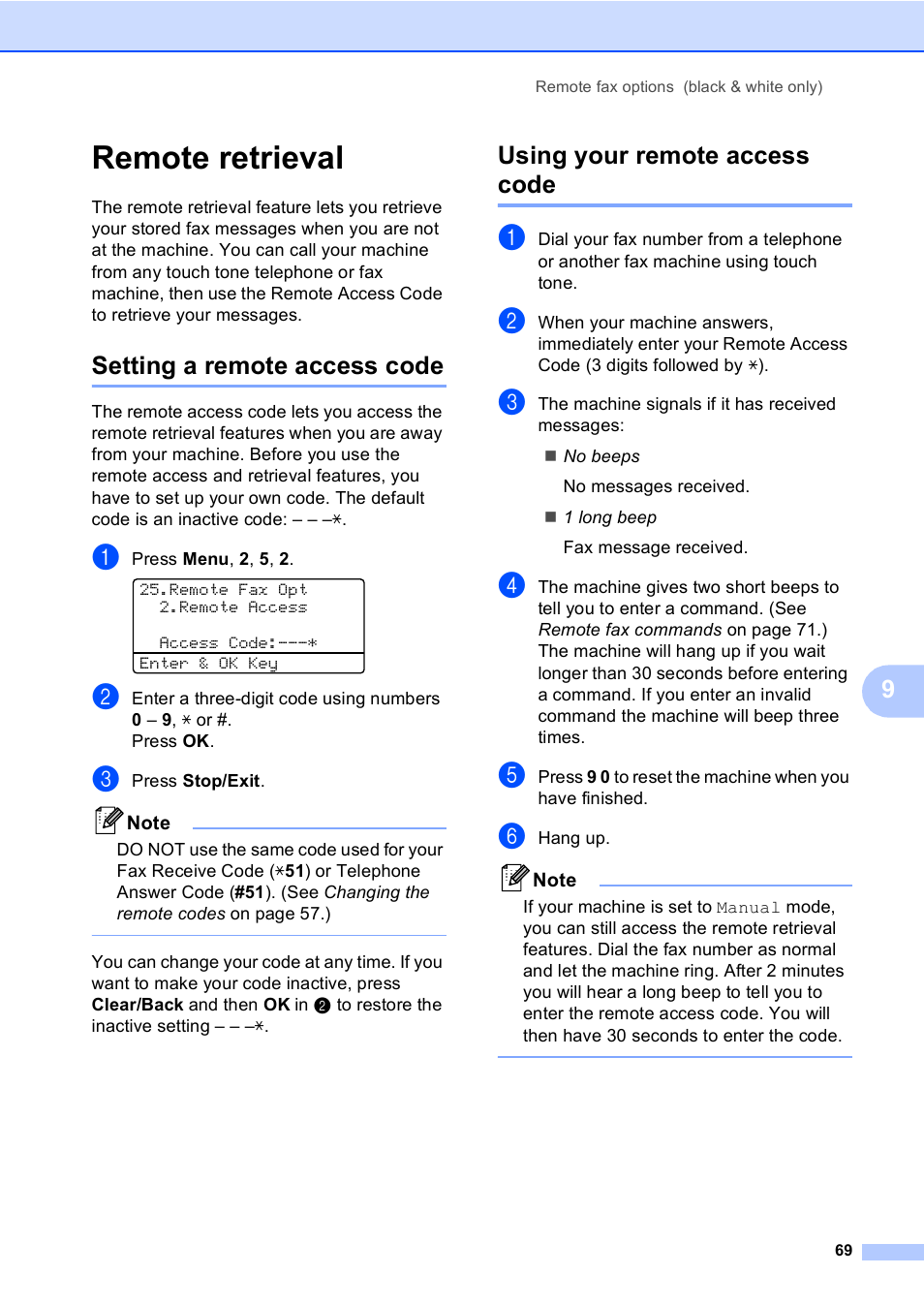 Remote retrieval, Setting a remote access code, Using your remote access code | Brother MFC 9840CDW User Manual | Page 85 / 265