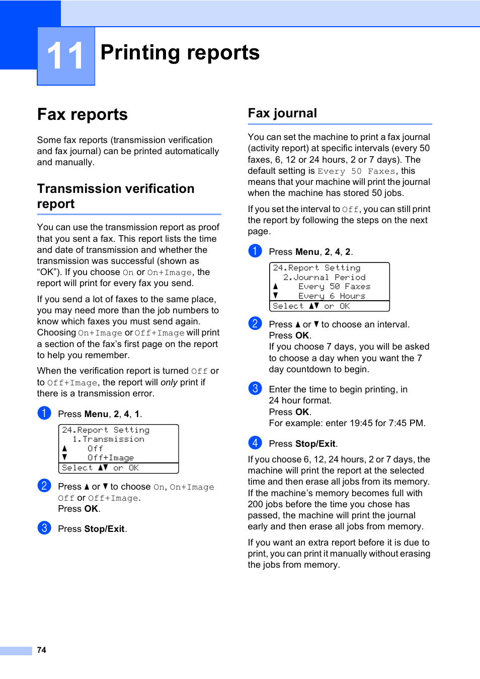 11 printing reports, Fax reports, Transmission verification report | Fax journal, Printing reports, Transmission verification report fax journal | Brother MFC 9840CDW User Manual | Page 90 / 265