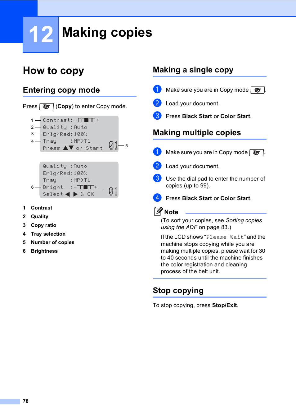 12 making copies, How to copy, Entering copy mode | Making a single copy, Making multiple copies, Stop copying, Making copies | Brother MFC 9840CDW User Manual | Page 94 / 265