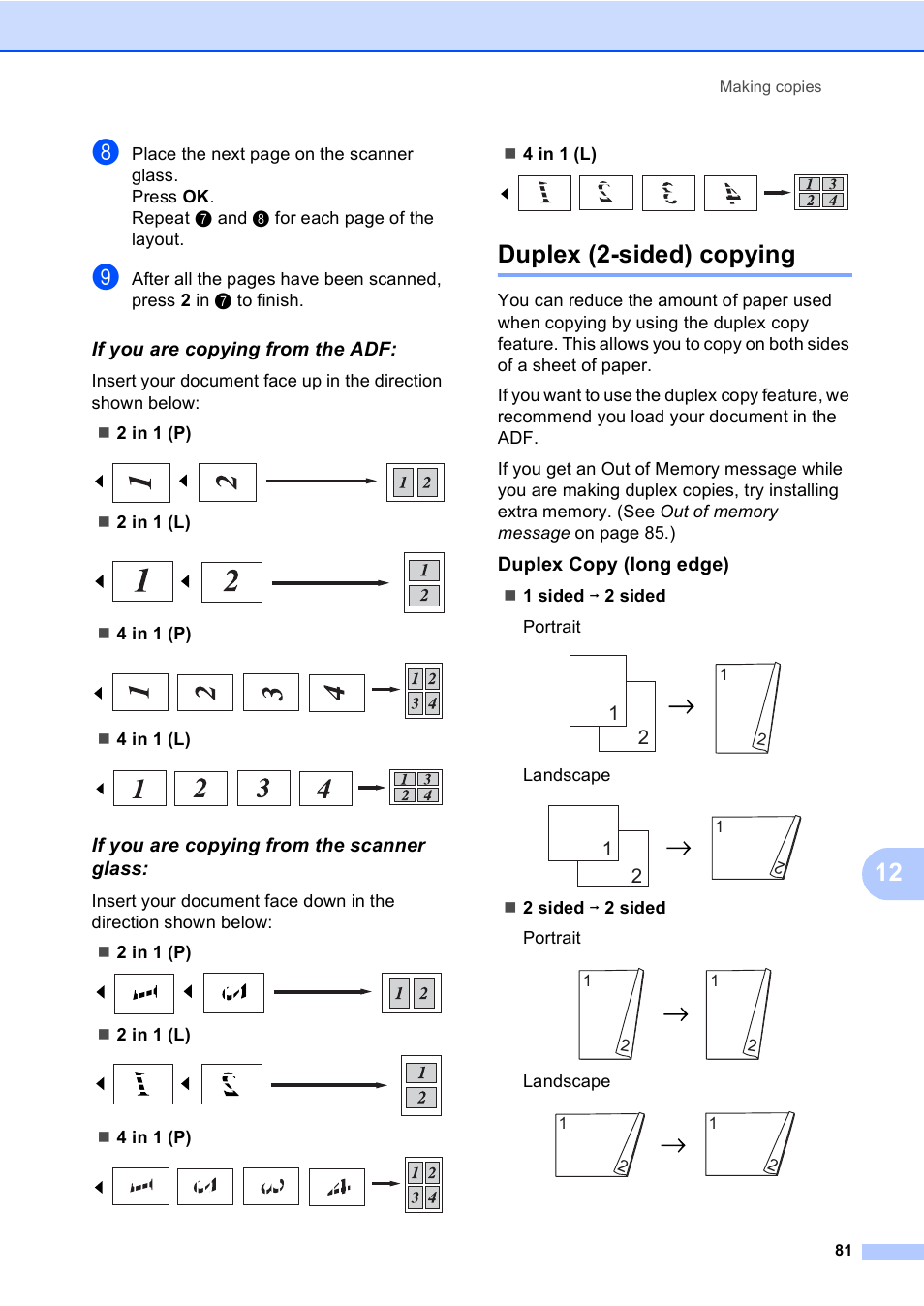If you are copying from the adf, If you are copying from the scanner glass, Duplex (2-sided) copying | Duplex copy (long edge) | Brother MFC 9840CDW User Manual | Page 97 / 265