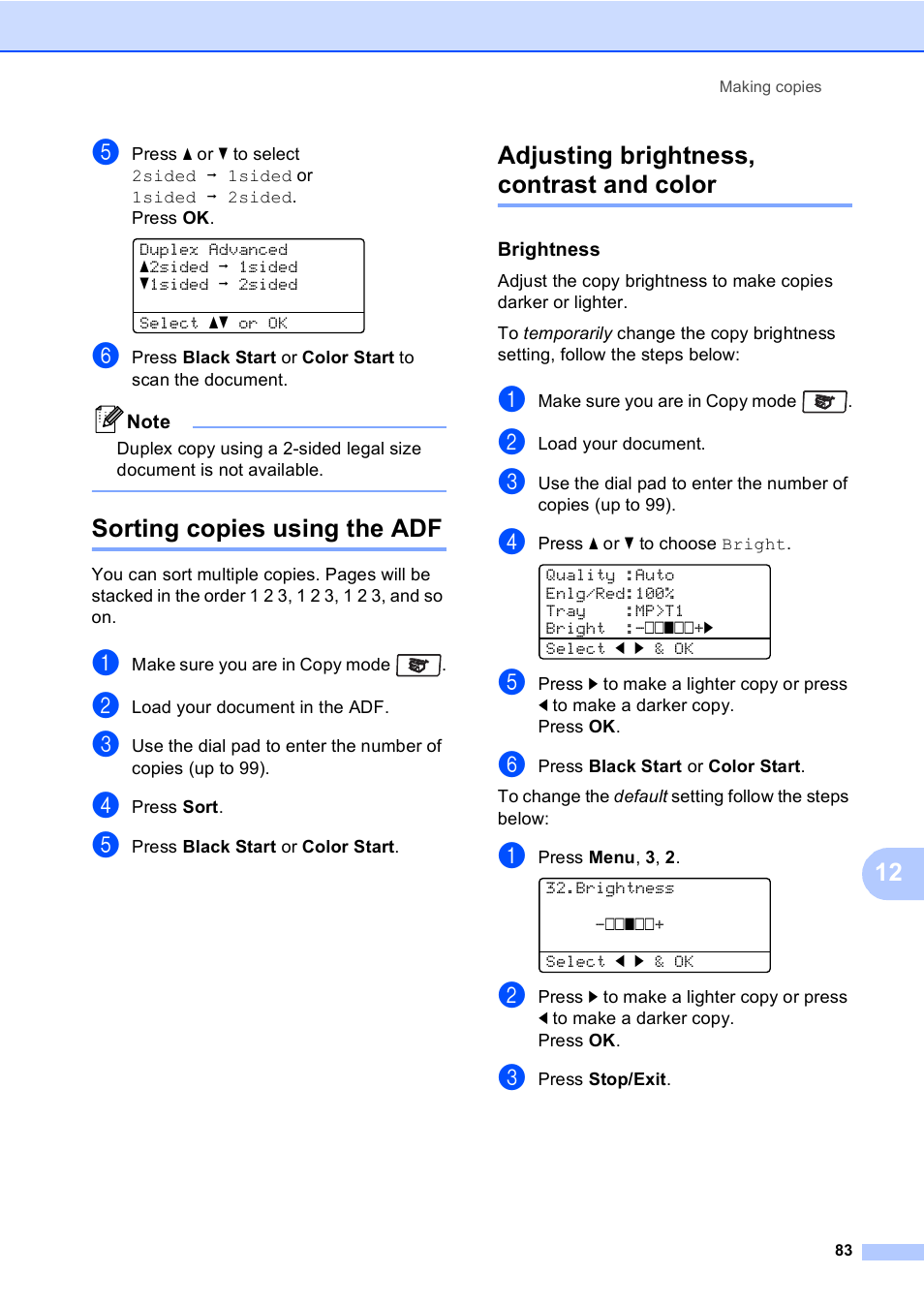 Sorting copies using the adf, Adjusting brightness, contrast and color, Brightness | Brother MFC 9840CDW User Manual | Page 99 / 265