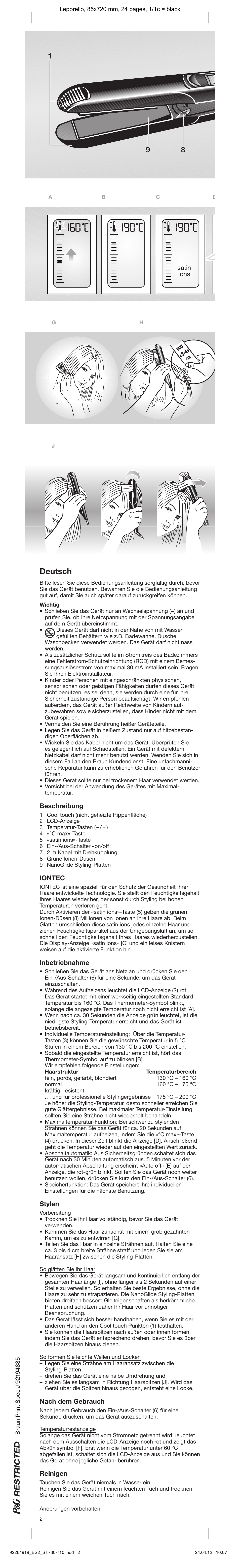 Deutsch, Beschreibung, Iontec | Inbetriebnahme, Stylen, Nach dem gebrauch, Reinigen | Braun ST730 Satin Hair 7 User Manual | Page 2 / 23