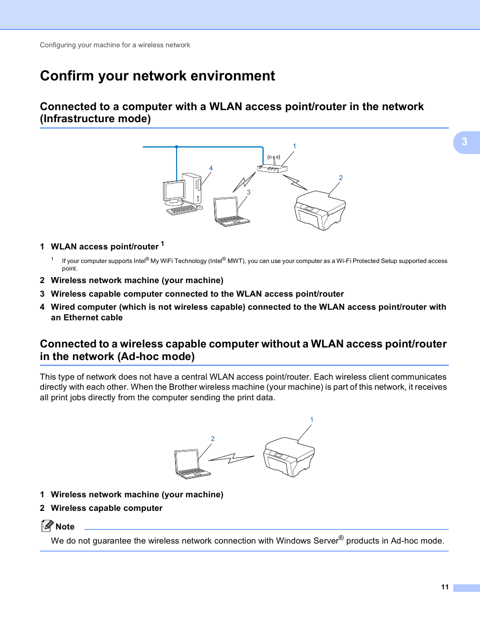 Confirm your network environment, Infrastructure mode), Ad-hoc mode) | 1 wlan access point/route r, Products in ad-hoc mode | Brother MFC J6510DW User Manual | Page 16 / 81