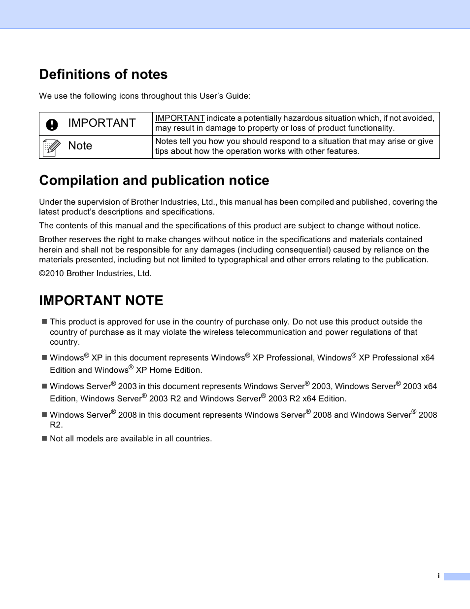 Definitions of notes, Compilation and publication notice, Important note | Important | Brother MFC J6510DW User Manual | Page 2 / 81