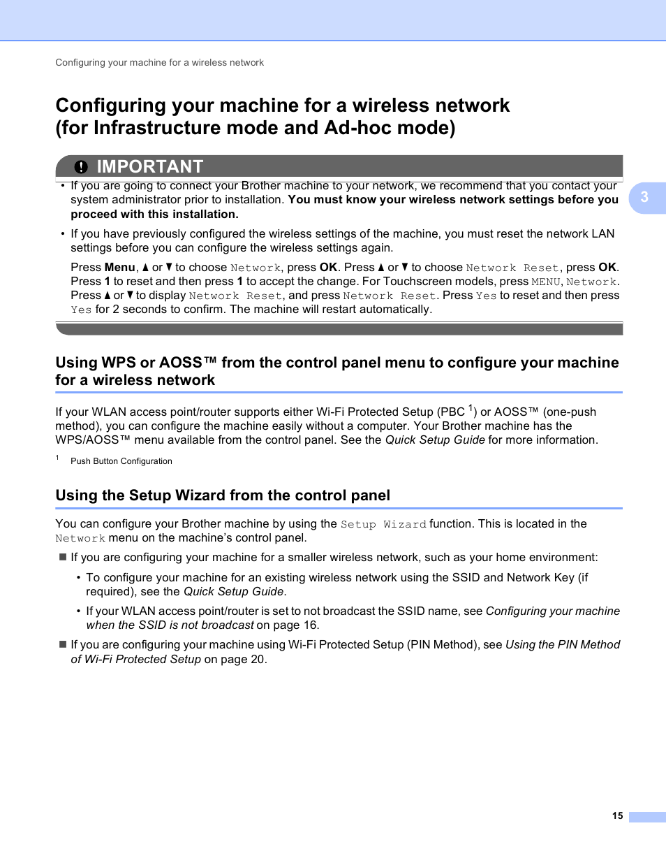 Using the setup wizard from the control panel, Network, Important | Brother MFC J6510DW User Manual | Page 20 / 81