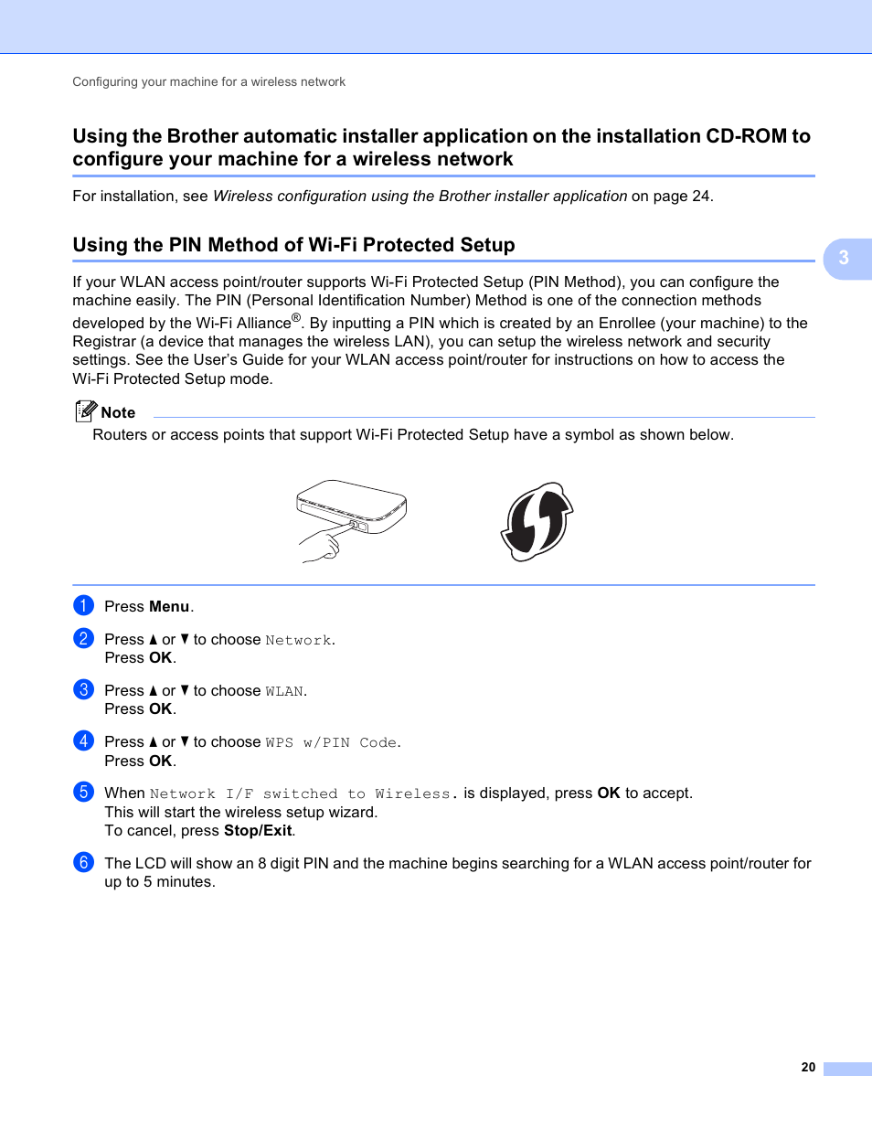 Using the pin method of wi-fi protected setup, Machine for a wireless network | Brother MFC J6510DW User Manual | Page 25 / 81