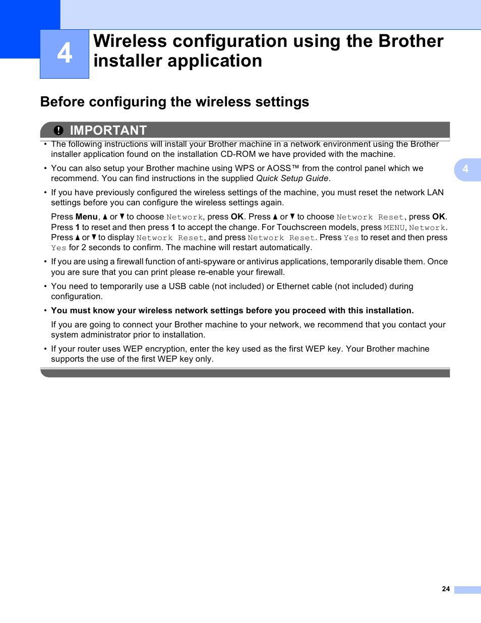 Before configuring the wireless settings, Important | Brother MFC J6510DW User Manual | Page 29 / 81
