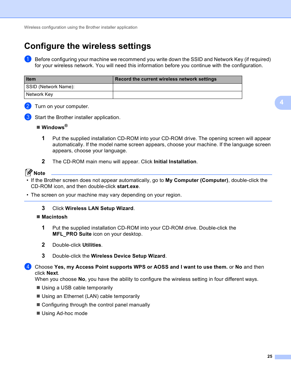 Configure the wireless settings | Brother MFC J6510DW User Manual | Page 30 / 81