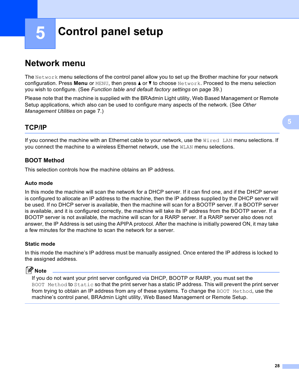 5 control panel setup, Network menu, Tcp/ip | Boot method, Control panel setup | Brother MFC J6510DW User Manual | Page 33 / 81