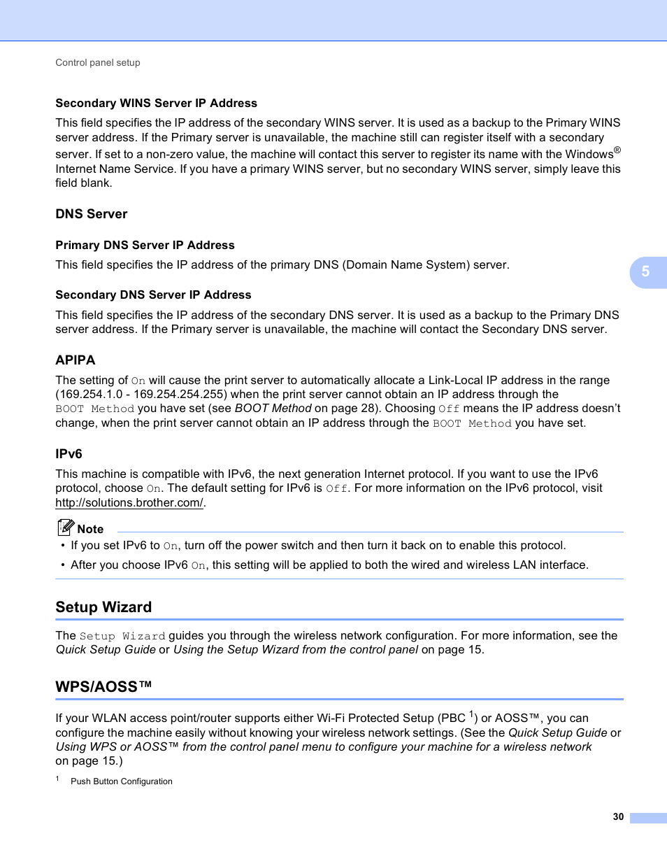 Dns server, Apipa, Ipv6 | Setup wizard, Wps/aoss, Setup wizard wps/aoss | Brother MFC J6510DW User Manual | Page 35 / 81