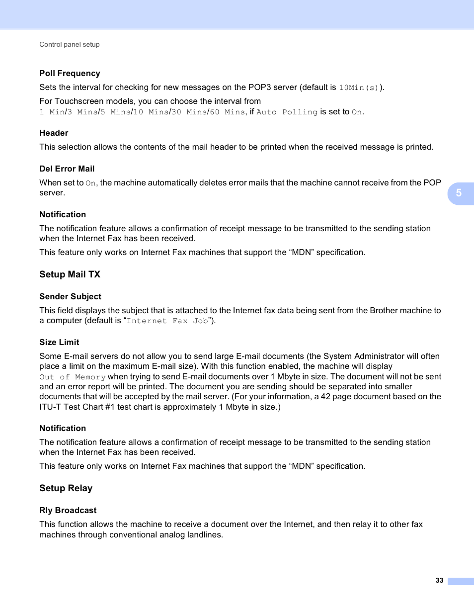 Setup mail tx, Setup relay, Poll frequency | Sender subject, Rly broadcast | Brother MFC J6510DW User Manual | Page 38 / 81