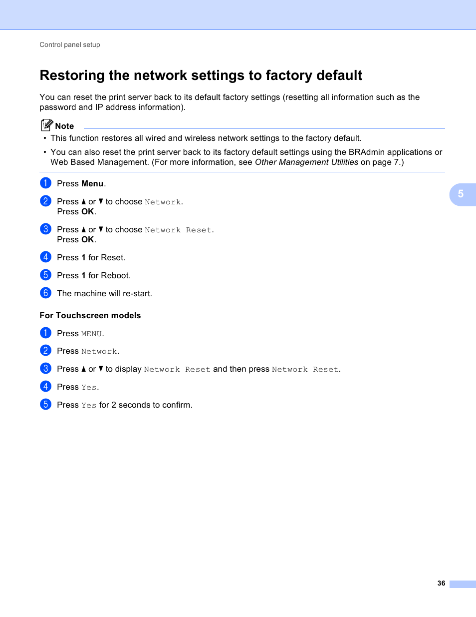 Restoring the network settings to factory default | Brother MFC J6510DW User Manual | Page 41 / 81