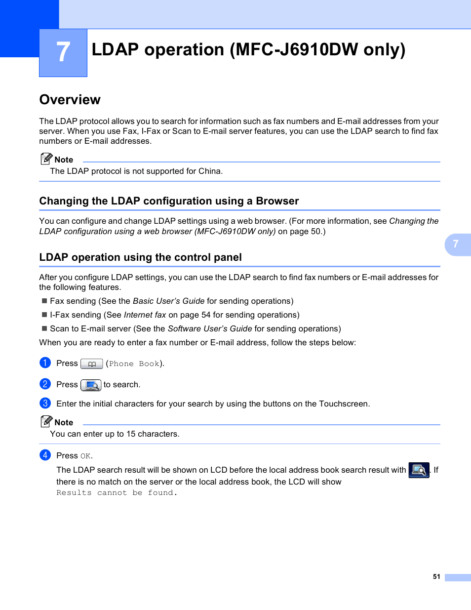 7 ldap operation (mfc-j6910dw only), Overview, Changing the ldap configuration using a browser | Ldap operation using the control panel, Ldap operation (mfc-j6910dw only) | Brother MFC J6510DW User Manual | Page 56 / 81