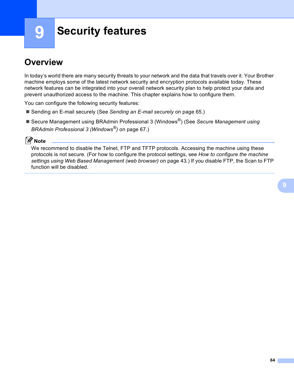 9 security features, Overview, Security features | Brother MFC J6510DW User Manual | Page 69 / 81