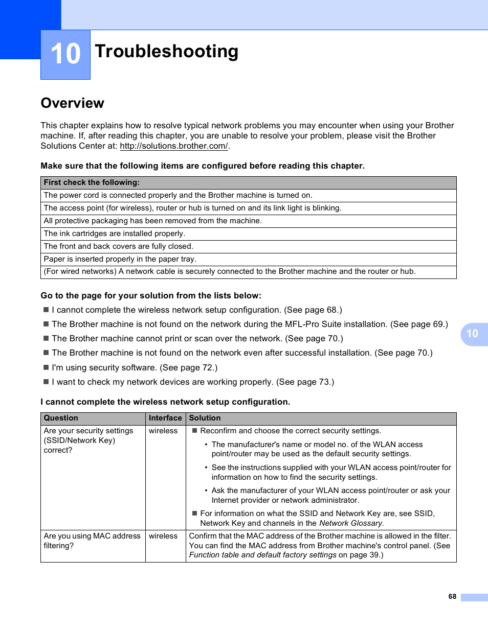 10 troubleshooting, Overview, Troubleshooting | Brother MFC J6510DW User Manual | Page 73 / 81
