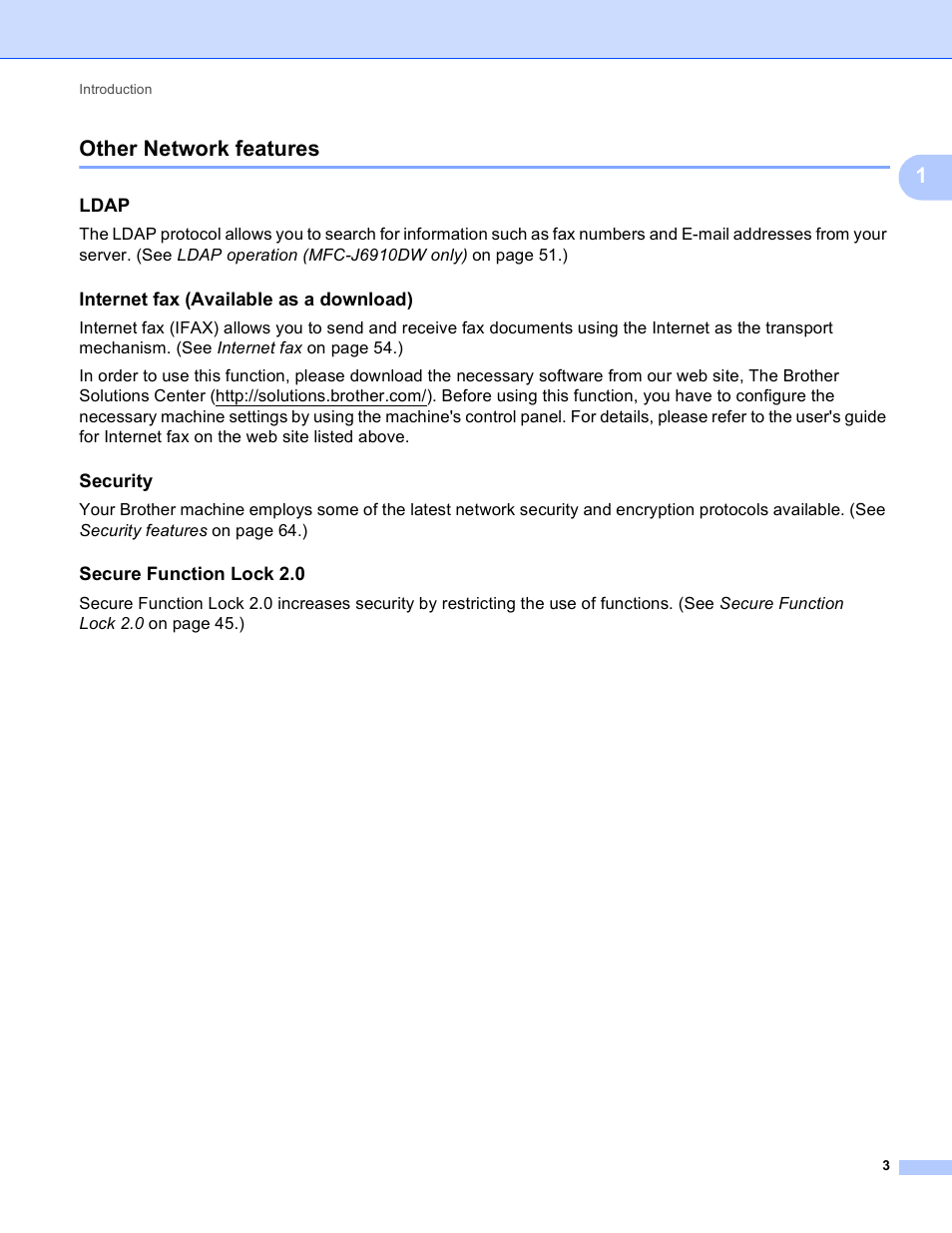 Other network features, Ldap, Internet fax (available as a download) | Security, Secure function lock 2.0, 1other network features | Brother MFC J6510DW User Manual | Page 8 / 81