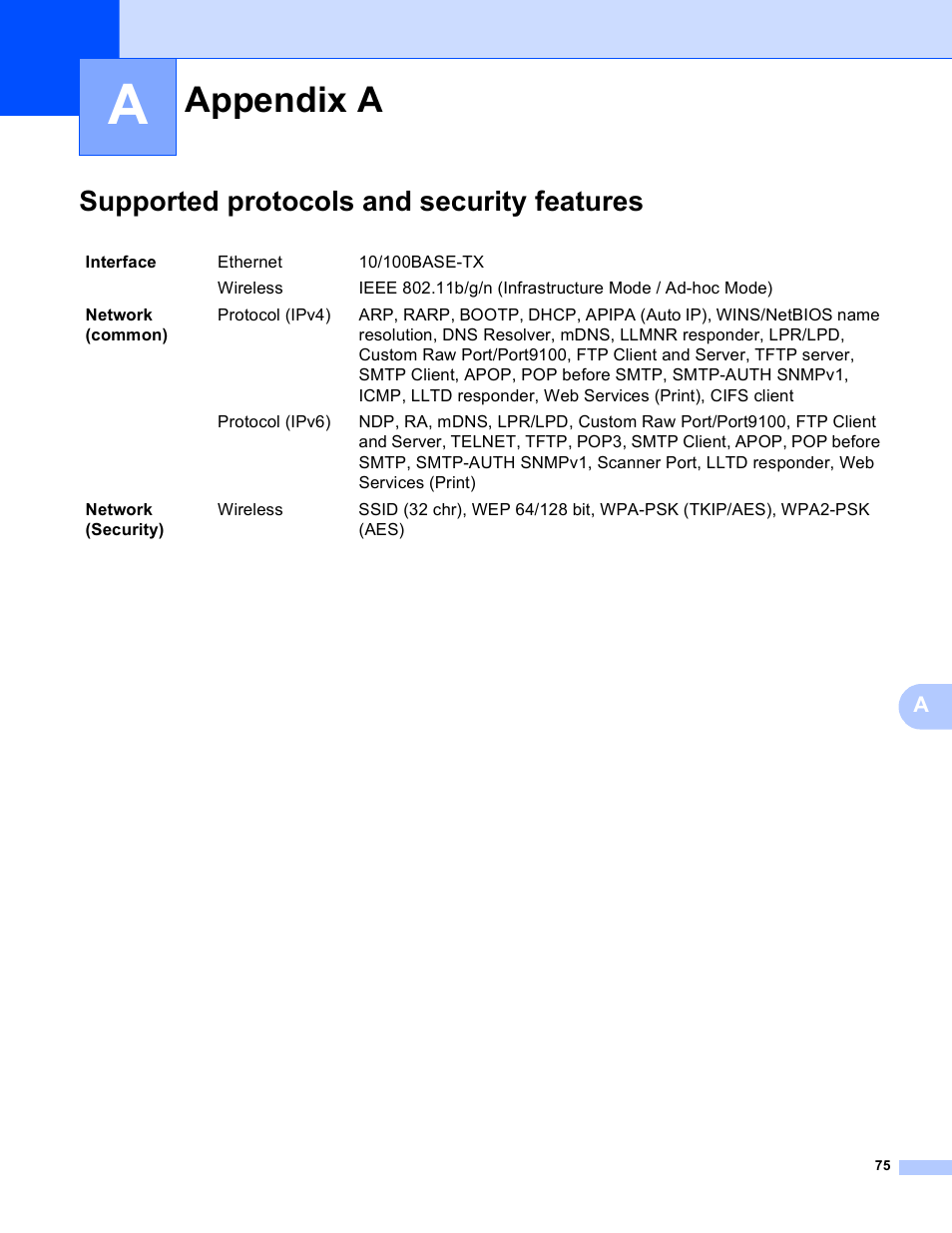 Appendix a, Supported protocols and security features | Brother MFC J6510DW User Manual | Page 80 / 81