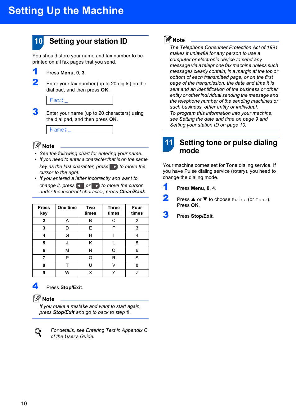 10 setting your station id, 11 setting tone or pulse dialing mode, Setting up the machine | Name | Brother FAX-1960C User Manual | Page 12 / 19