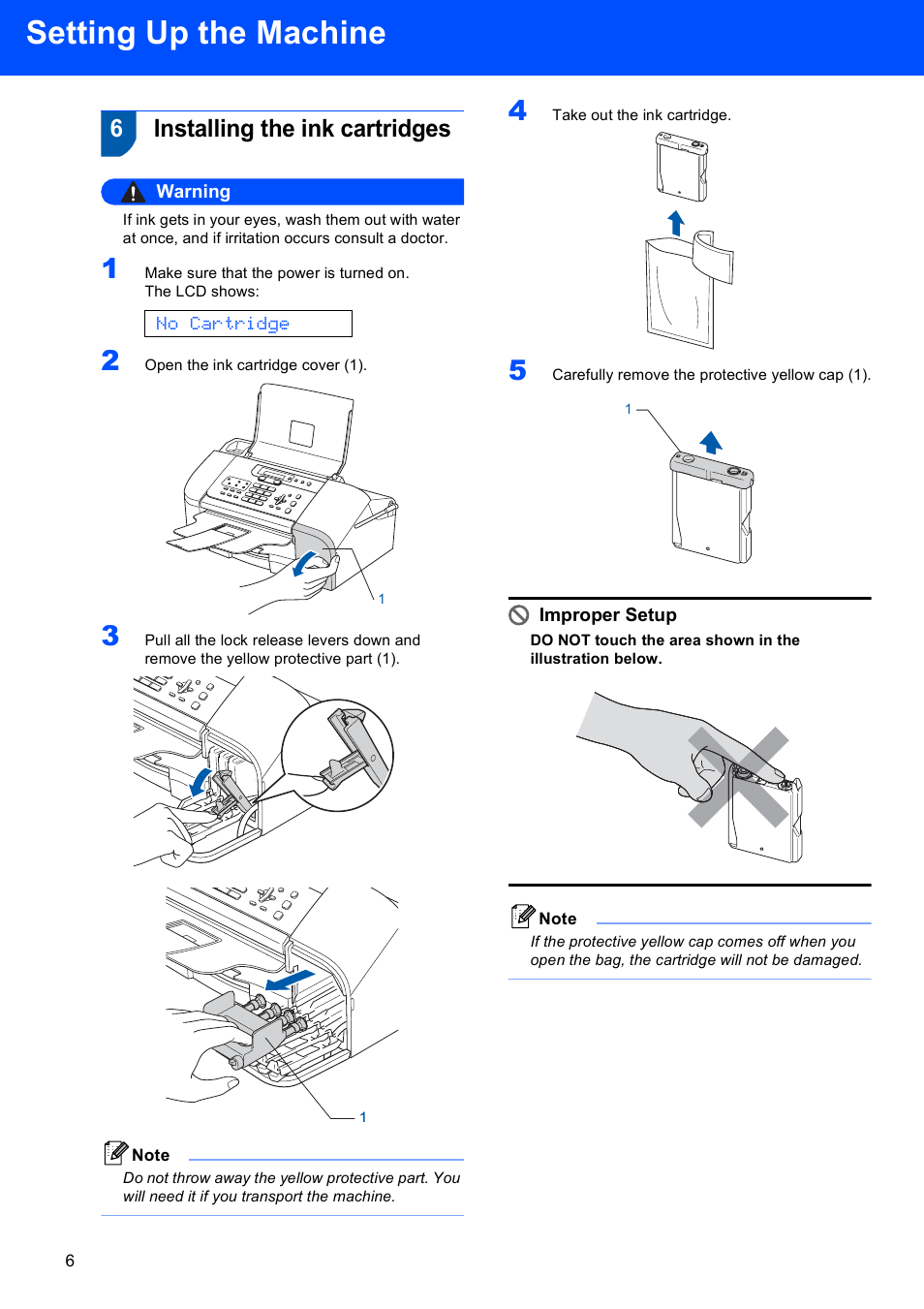 6 installing the ink cartridges, Setting up the machine, 6installing the ink cartridges | No cartridge, Warning, Improper setup | Brother FAX-1960C User Manual | Page 8 / 19