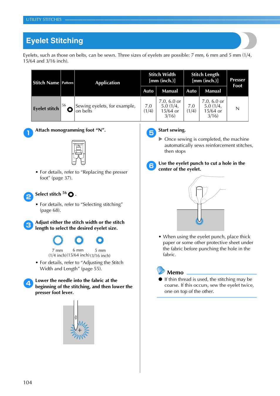 Eyelet stitching | Brother SB3129 User Manual | Page 110 / 156
