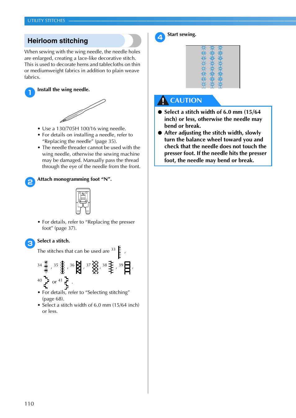 Heirloom stitching, Caution | Brother SB3129 User Manual | Page 116 / 156