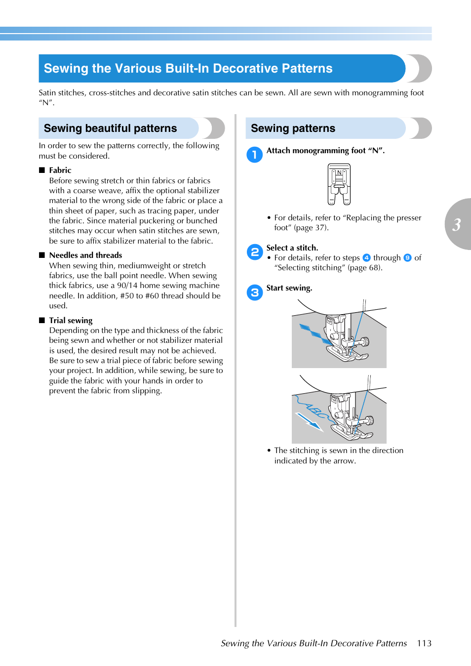 Sewing the various built-in decorative patterns, Sewing beautiful patterns, Sewing patterns | Brother SB3129 User Manual | Page 119 / 156