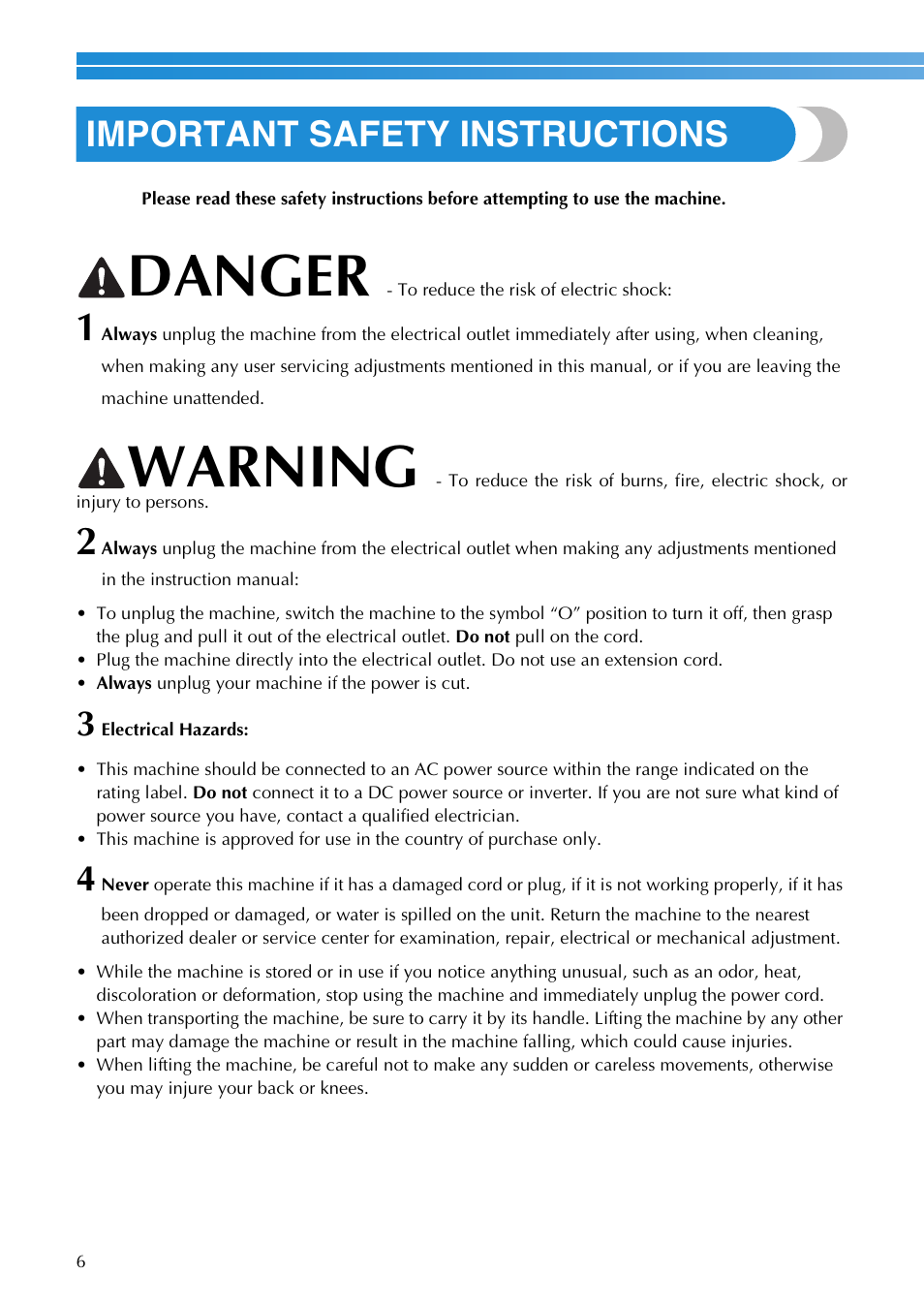 Danger, Warning, Important safety instructions | Brother SB3129 User Manual | Page 12 / 156
