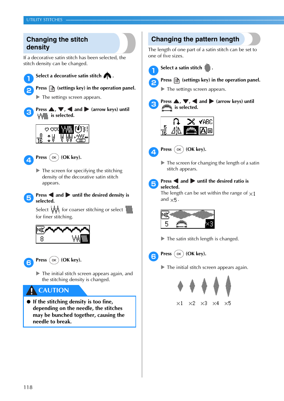 Changing the stitch density, Changing the pattern length, Caution | Brother SB3129 User Manual | Page 124 / 156