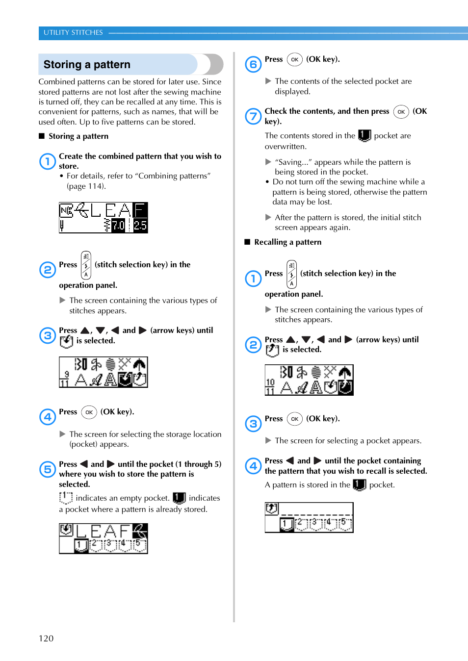 Storing a pattern | Brother SB3129 User Manual | Page 126 / 156