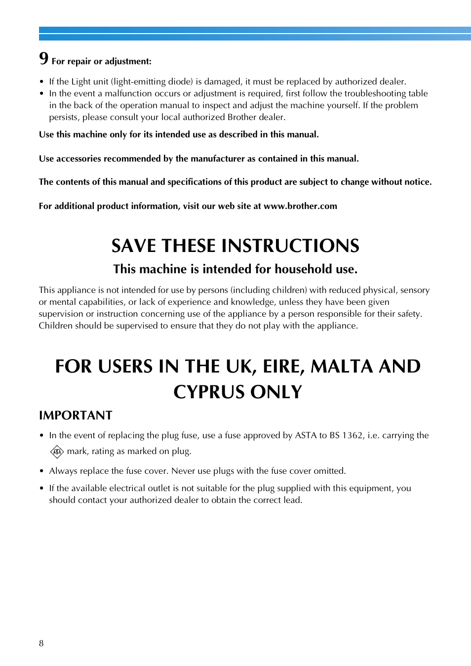 Save these instructions, For users in the uk, eire, malta and cyprus only | Brother SB3129 User Manual | Page 14 / 156