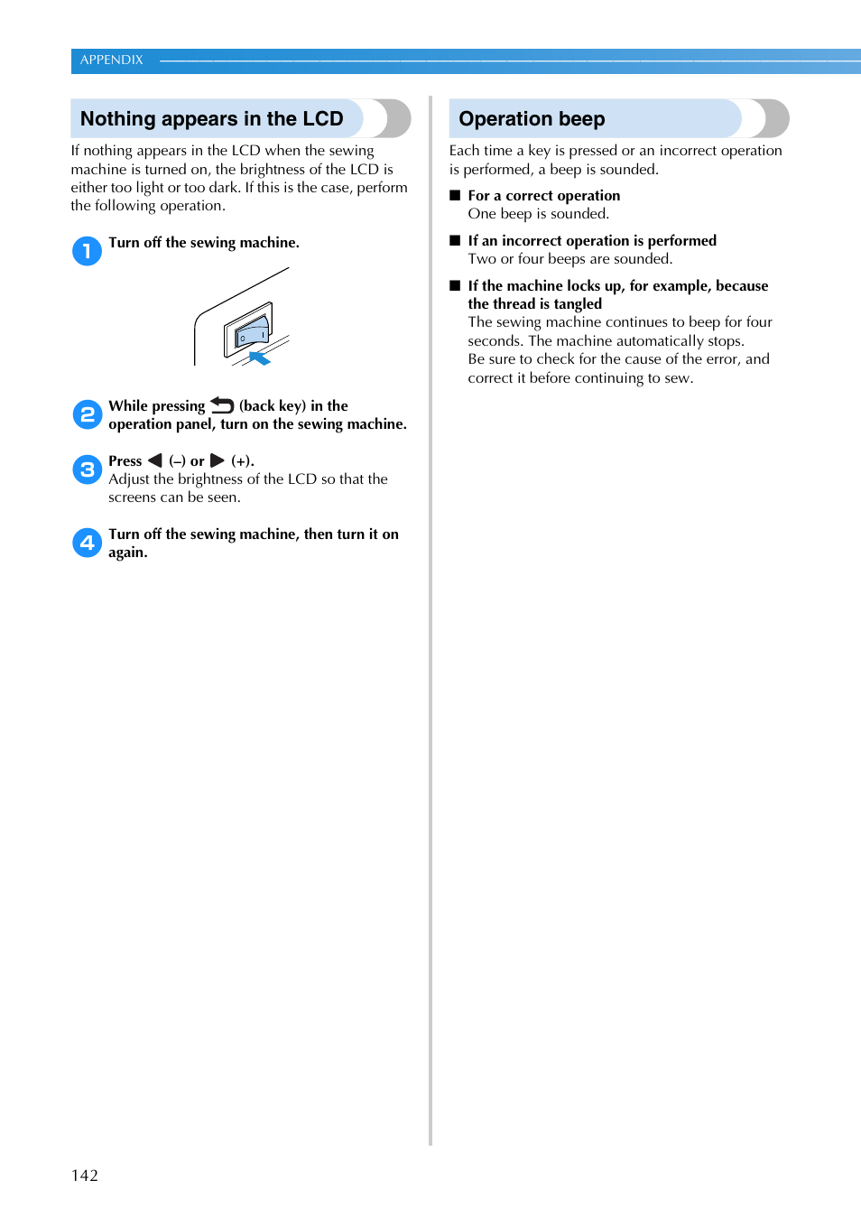 Nothing appears in the lcd, Operation beep | Brother SB3129 User Manual | Page 148 / 156