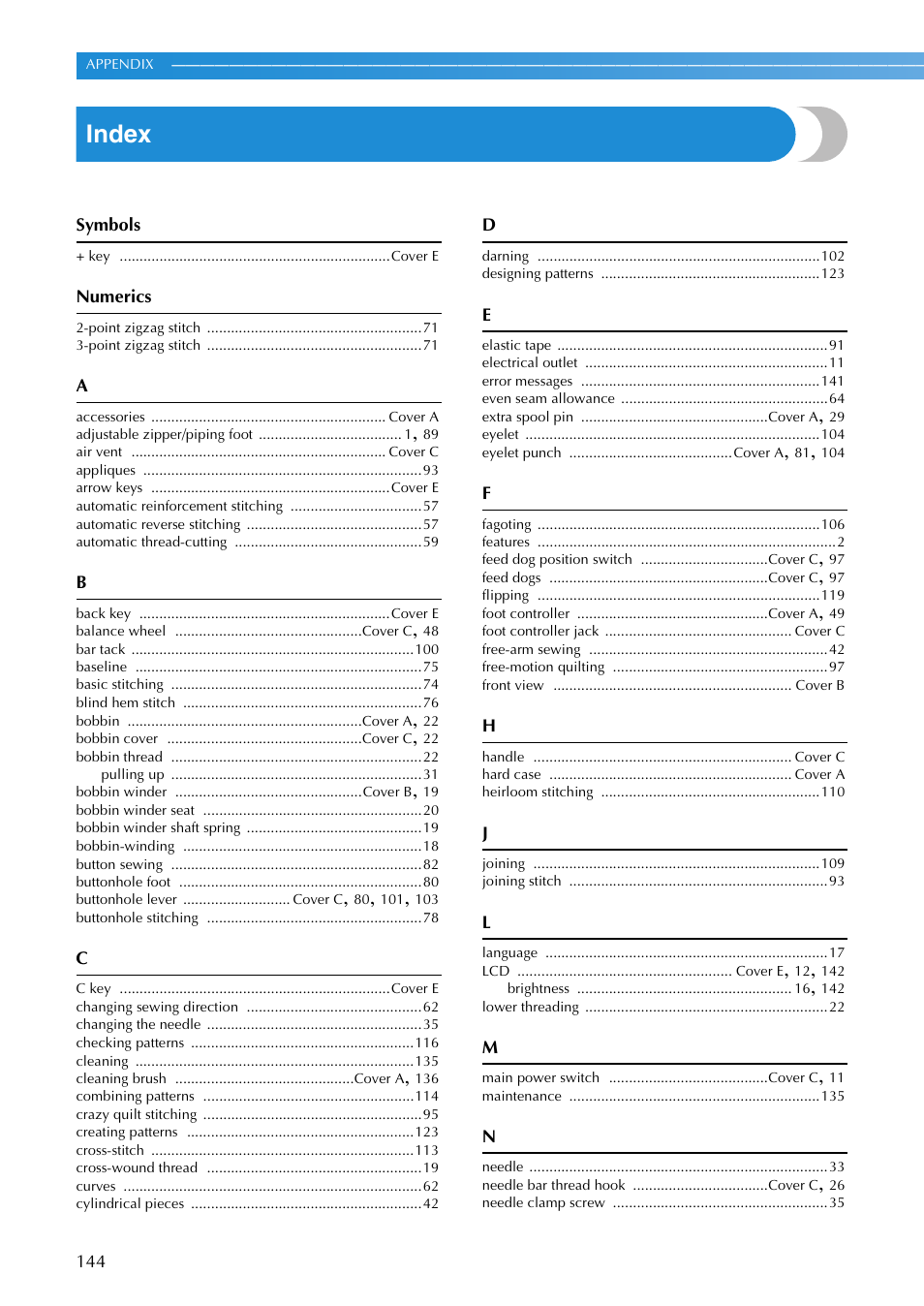 Index | Brother SB3129 User Manual | Page 150 / 156