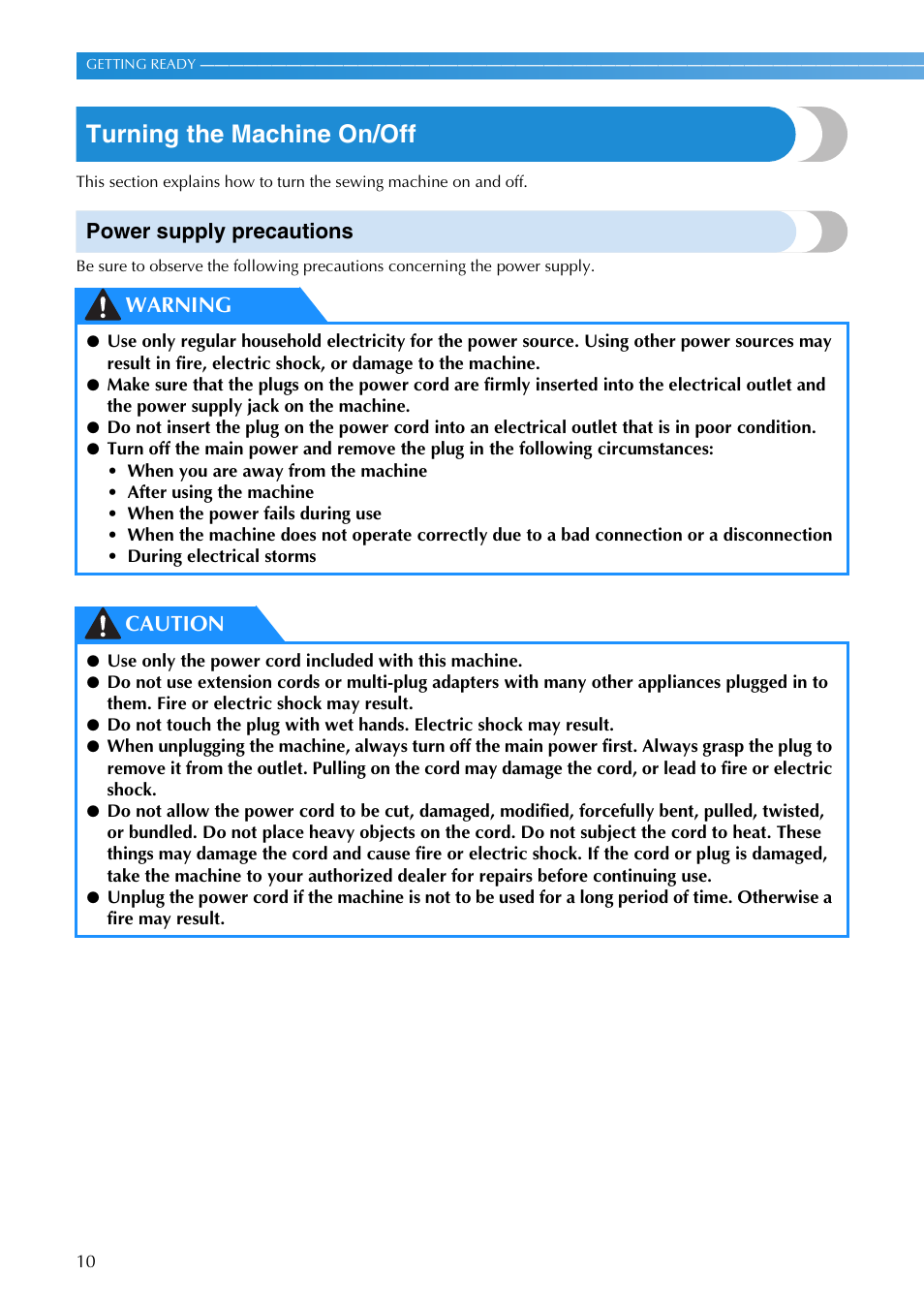 Turning the machine on/off, Power supply precautions, Warning caution | Brother SB3129 User Manual | Page 16 / 156