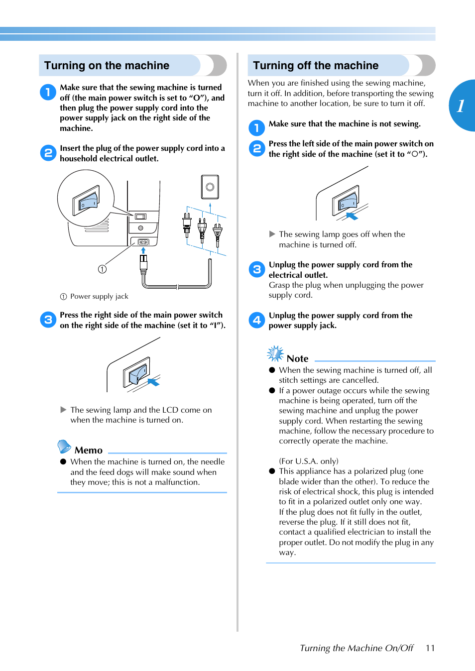 Turning on the machine, Turning off the machine | Brother SB3129 User Manual | Page 17 / 156