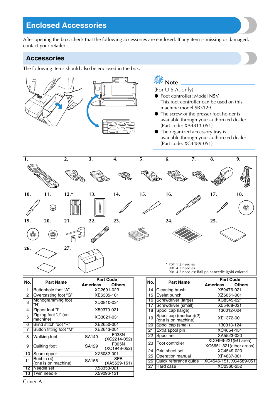 Enclosed accessories, Accessories | Brother SB3129 User Manual | Page 2 / 156
