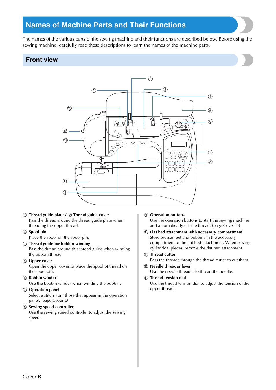 Names of machine parts and their functions, Front view | Brother SB3129 User Manual | Page 3 / 156