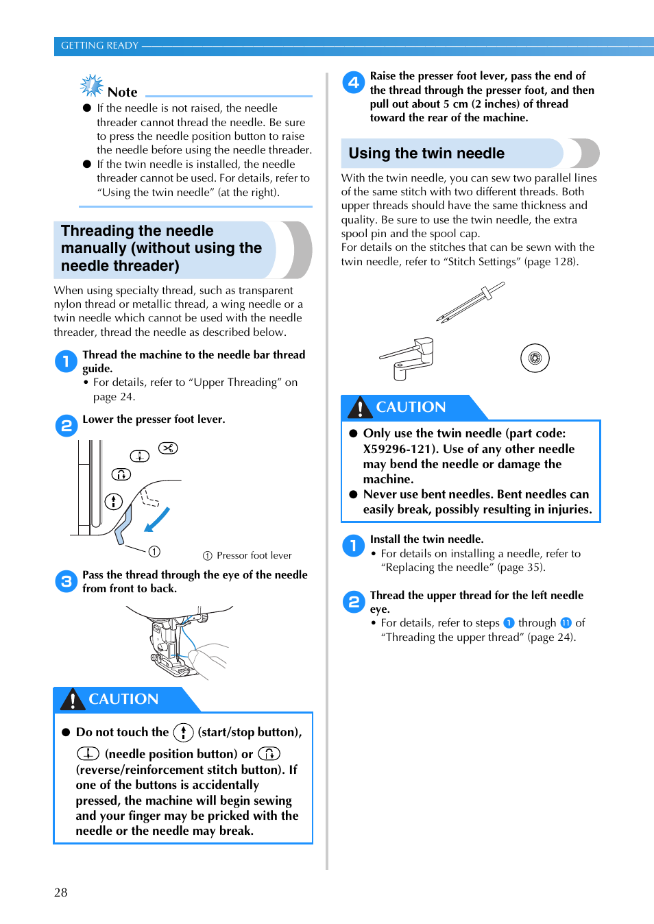 Using the twin needle, Caution | Brother SB3129 User Manual | Page 34 / 156