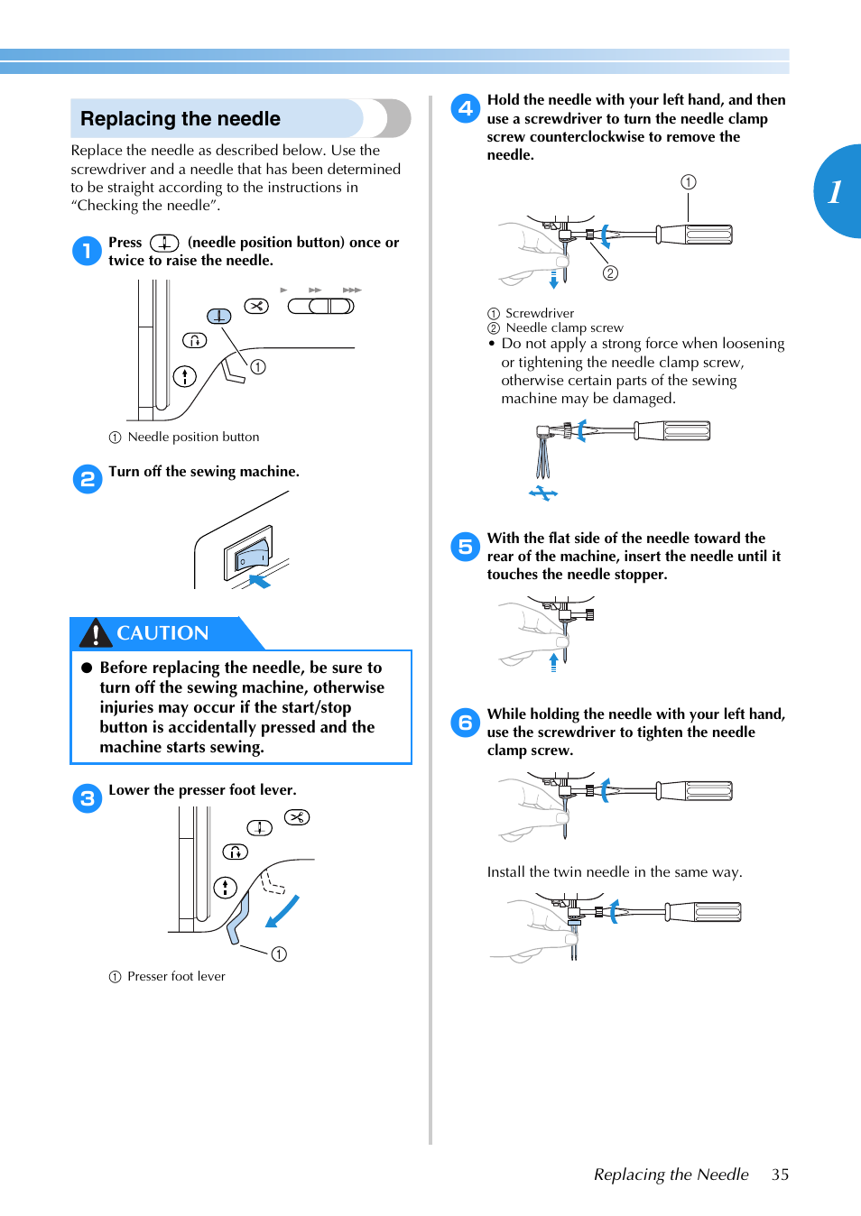 Replacing the needle, Caution | Brother SB3129 User Manual | Page 41 / 156