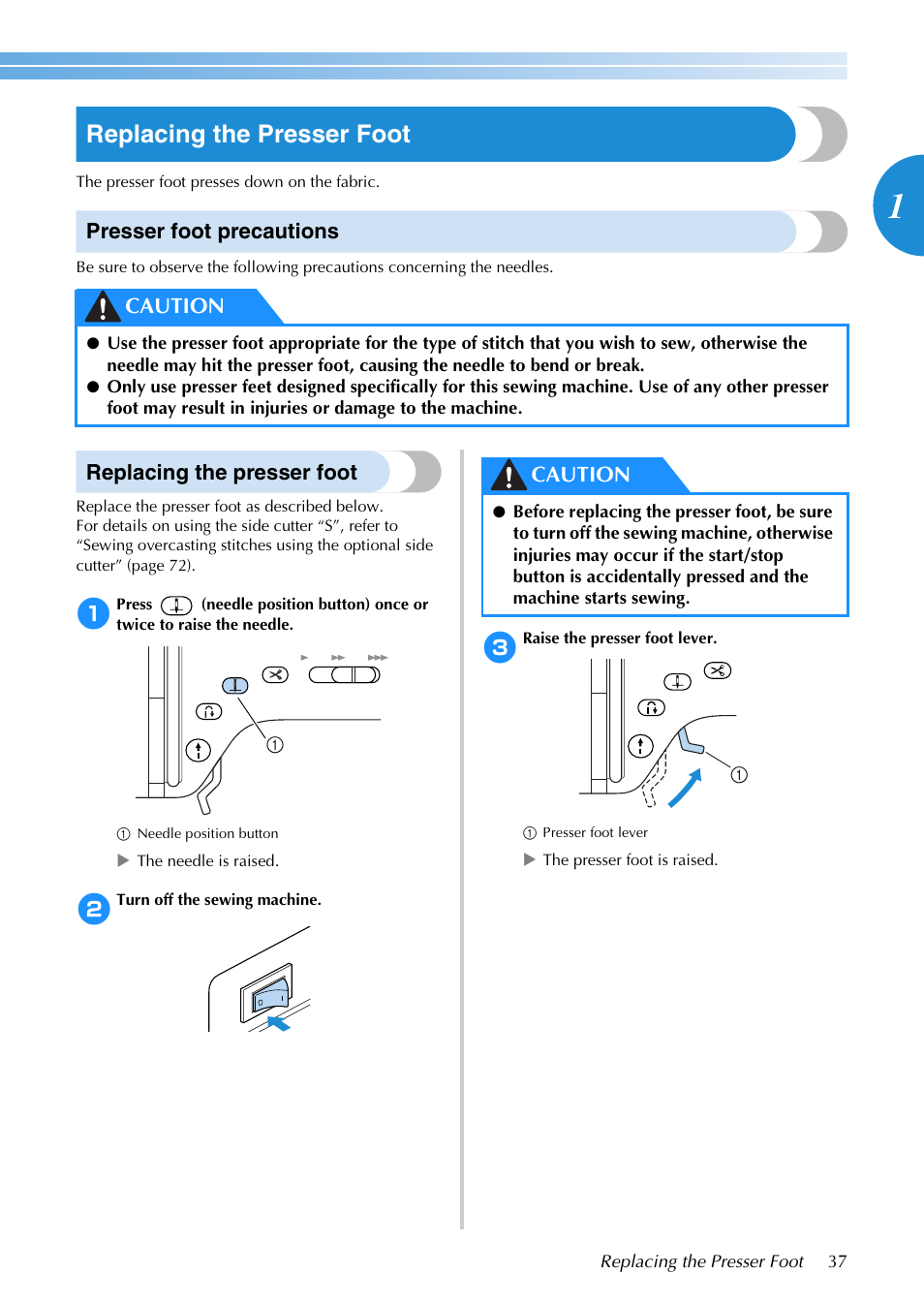 Replacing the presser foot, Presser foot precautions, Caution | Brother SB3129 User Manual | Page 43 / 156