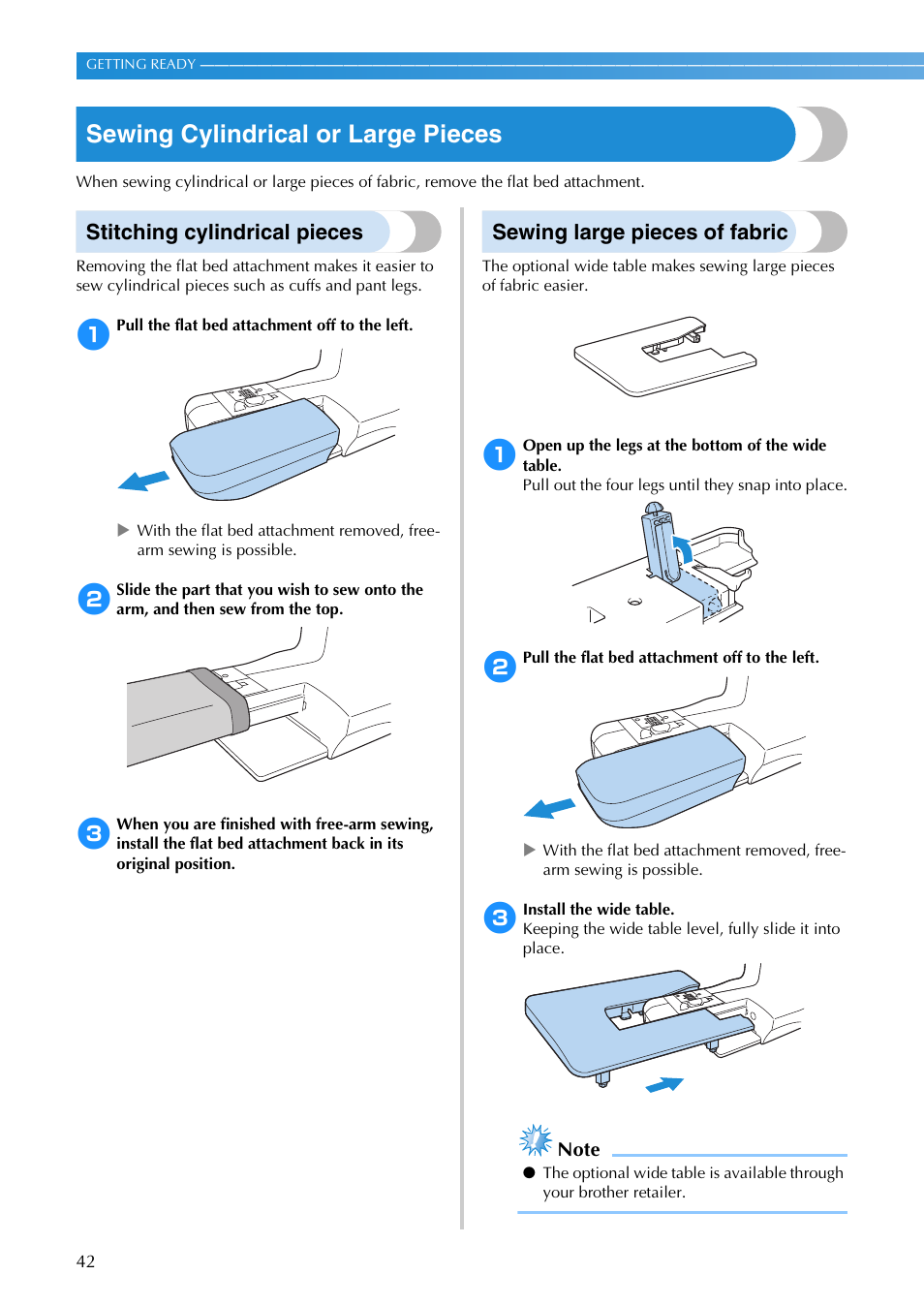 Sewing cylindrical or large pieces, Stitching cylindrical pieces, Sewing large pieces of fabric | Brother SB3129 User Manual | Page 48 / 156