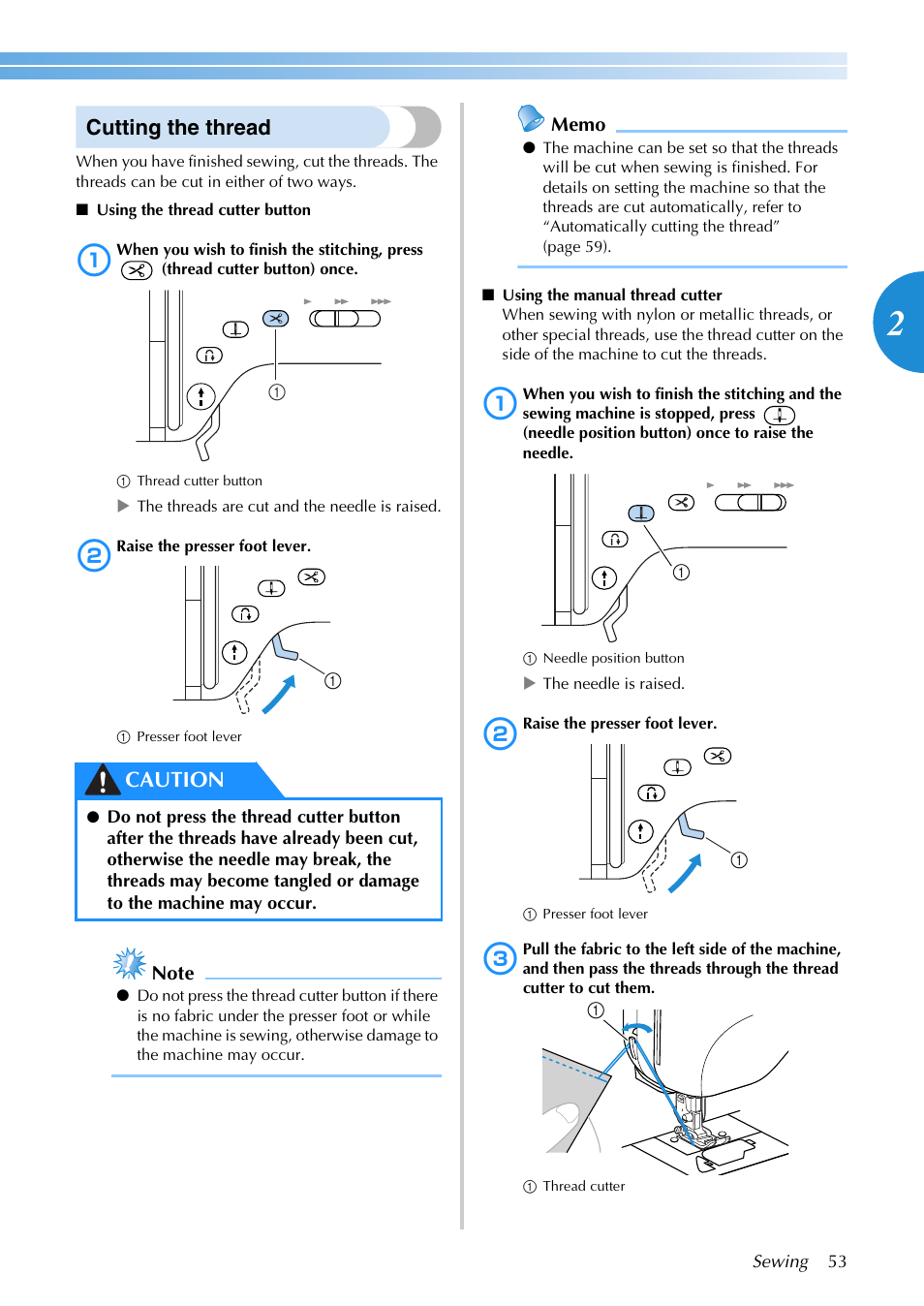 Cutting the thread, Caution | Brother SB3129 User Manual | Page 59 / 156