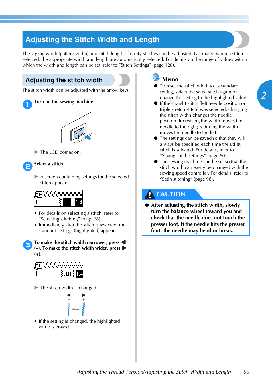 Adjusting the stitch width and length, Adjusting the stitch width, Caution | Brother SB3129 User Manual | Page 61 / 156