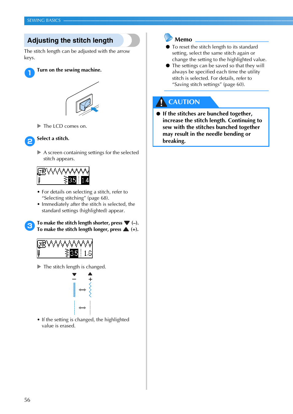 Adjusting the stitch length, Caution | Brother SB3129 User Manual | Page 62 / 156