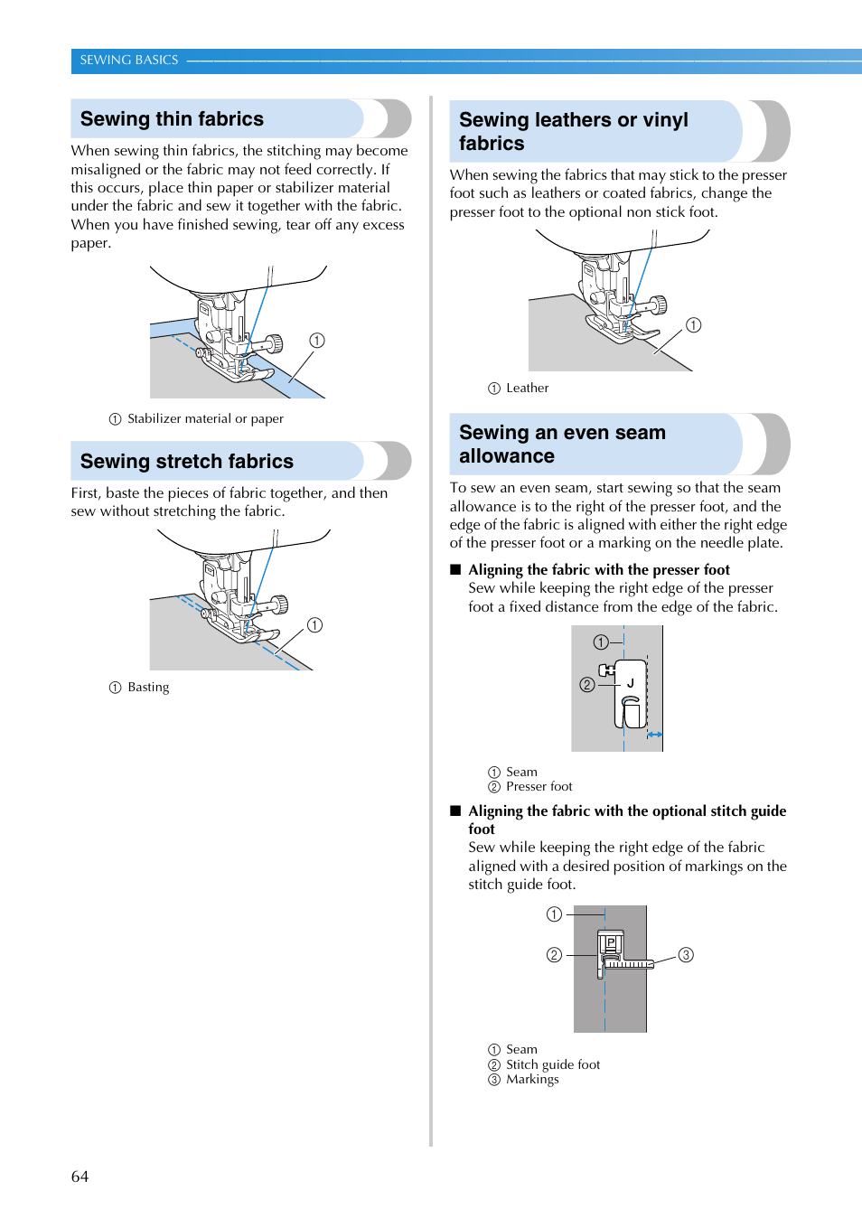 Sewing thin fabrics, Sewing stretch fabrics, Sewing leathers or vinyl fabrics | Sewing an even seam allowance | Brother SB3129 User Manual | Page 70 / 156