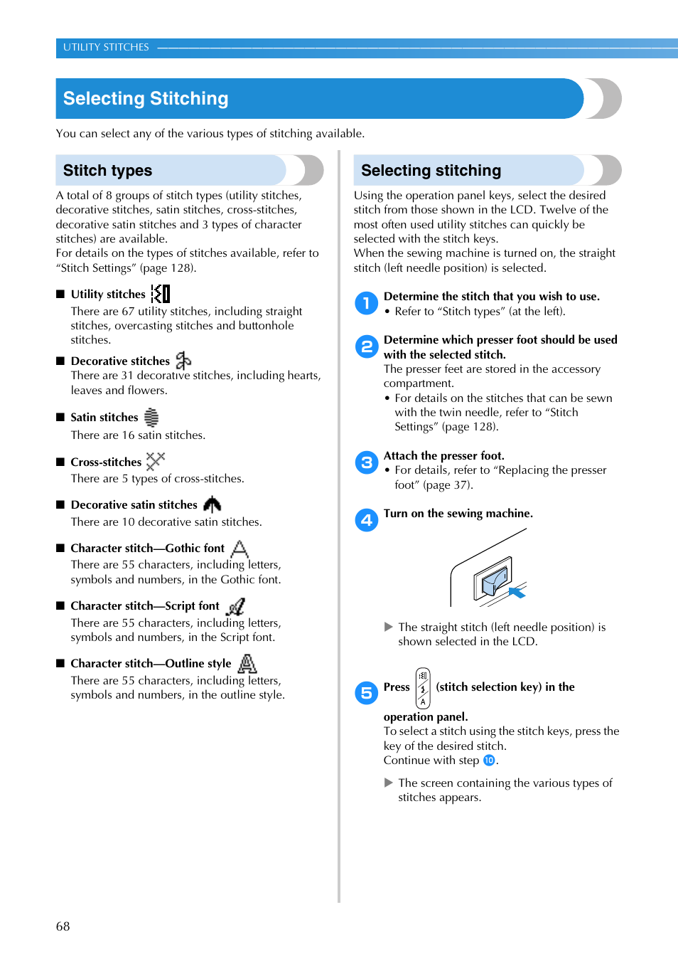 Selecting stitching, Stitch types | Brother SB3129 User Manual | Page 74 / 156
