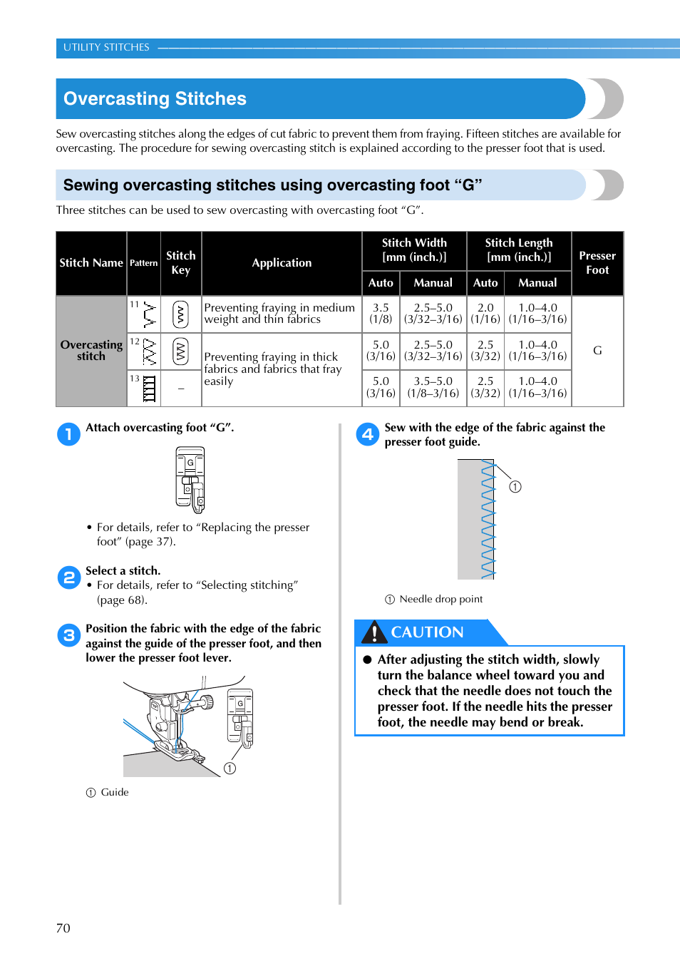 Overcasting stitches, Caution | Brother SB3129 User Manual | Page 76 / 156