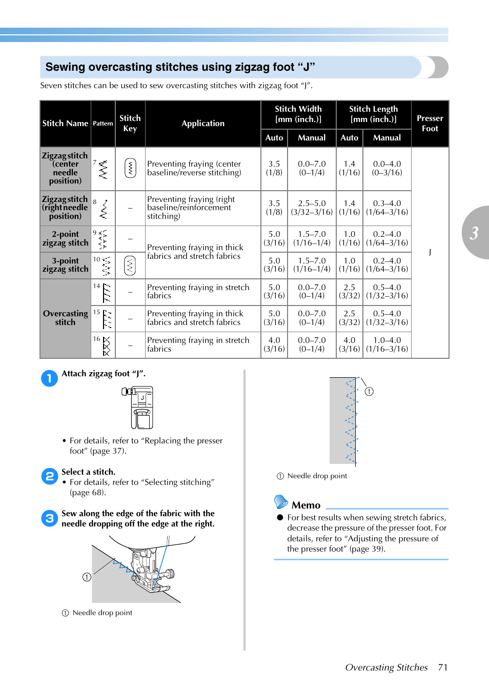 Sewing overcasting stitches using zigzag foot “j | Brother SB3129 User Manual | Page 77 / 156