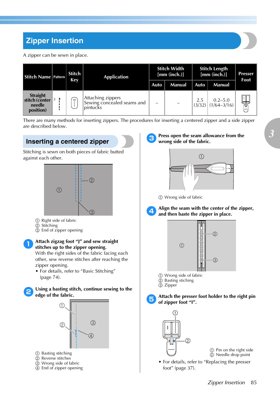 Zipper insertion, Inserting a centered zipper | Brother SB3129 User Manual | Page 91 / 156